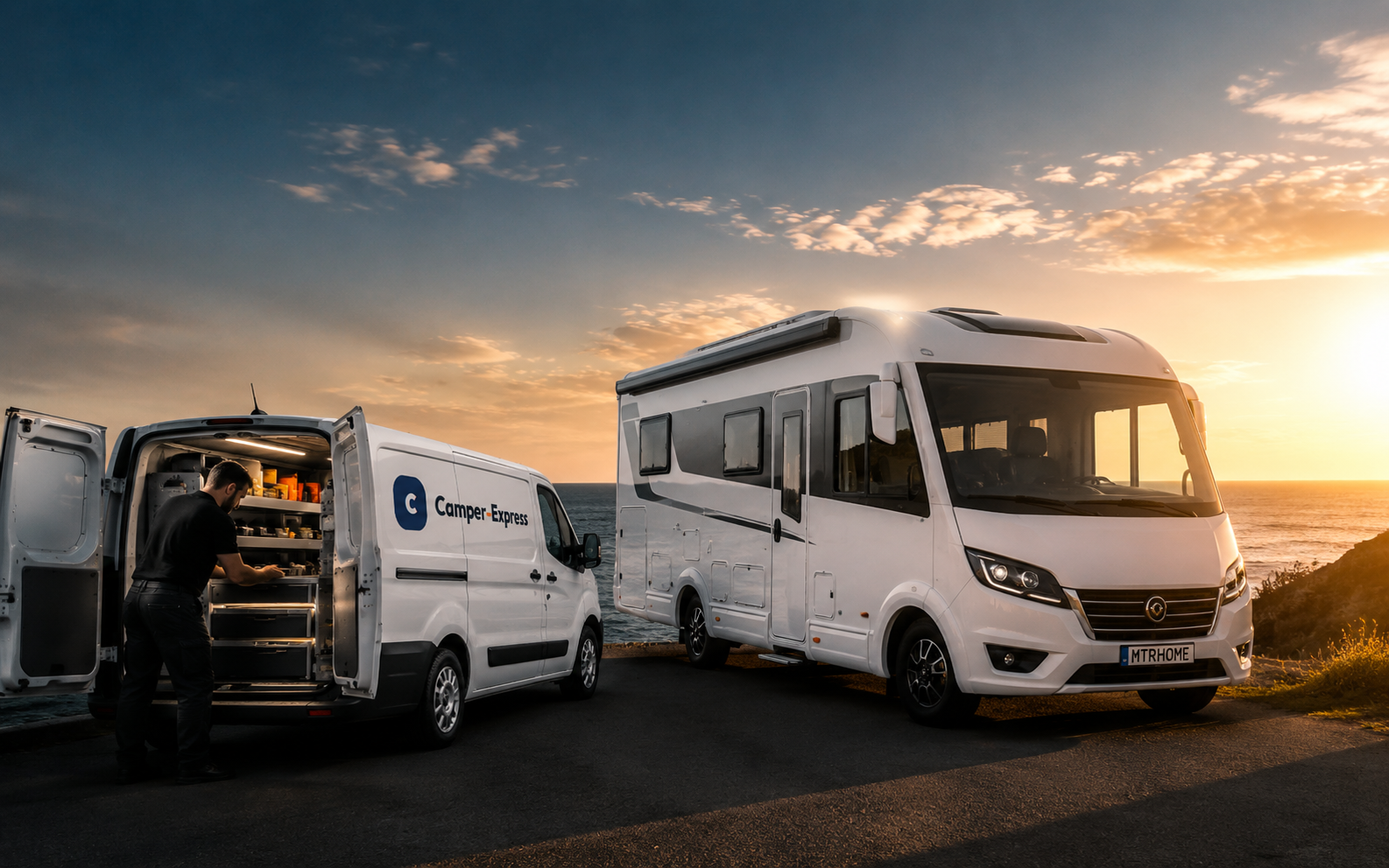 Autocaravana moderna atendida por el taller móvil de Camper-Express al atardecer